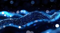 Glowing digital wave made of binary code on dark background with bokeh effect, representing data flow and technology advancement in modern computing.
