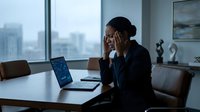 Stressed African American businessman holding head in hands at modern office desk with laptop, experiencing work pressure and mental fatigue in corporate environment.
