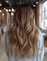 Long wavy blonde balayage hair from behind on woman wearing grey sweater in modern salon interior with natural lighting and brick walls.
