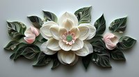 Paper art floral composition with large cream magnolia bloom, pink buds and dark green leaves creating dimensional wall decor piece with delicate shadows.