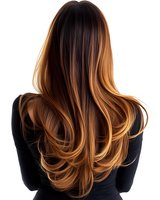 Back view of long wavy brown hair with golden balayage highlights on woman wearing black top, isolated on white background for beauty and hairstyling concepts.