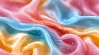 Dreamy abstract background with flowing silk-like waves in pink, blue, and golden colors featuring soft glowing particles and smooth gradient transitions.