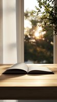 Open book on wooden windowsill at sunset with green plant leaves, creating peaceful reading atmosphere. Soft natural lighting through window creates cozy mood.
