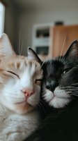 Close-up portrait of two cats cuddling, ginger and white cat with closed eyes next to black and white cat, showing affection and companionship between pets.