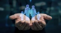 Hands protecting glowing family figures symbolizing life insurance, healthcare coverage, family protection and security services for parents and children.
