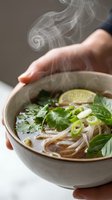 Hands holding steaming bowl of Asian noodle soup with fresh herbs, green onions, and lime garnish. Culinary and food styling.