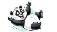 Cute cartoon panda bear character sliding down with happy expression, playful pose with arms and legs spread out, watercolor style illustration.