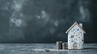 Small decorative house model with coin stacks on wooden surface against dark stormy sky background for real estate investment and savings concepts.