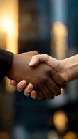 Close-up of diverse business handshake with warm bokeh background, symbolizing partnership, agreement, and professional collaboration.