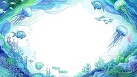 Underwater ocean frame with jellyfish, coral reef, tropical fish and seaweed creating decorative border on white background for marine design projects.