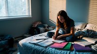 Young woman studying with books and laptop on bed in sunlit bedroom with venetian blind shadows creating striped light patterns across blue bedding.
