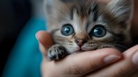 Young tabby kitten with blue eyes resting on human hands, conveying care and affection. Suitable for pet adoption campaigns, veterinary services, and animal welfare content.