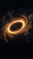 Golden spiral galaxy with glowing particles and cosmic dust swirling in deep space against starry night sky background for astronomy and science concepts.