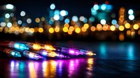 Colorful bokeh lights reflecting on wet pavement at night creating vibrant urban atmosphere with blurred city background for modern design projects.