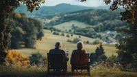 Elderly couple sitting in chairs enjoying scenic mountain valley view at sunset, sharing wine while overlooking rural countryside landscape in peaceful retirement moment.