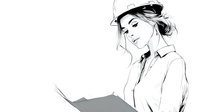 Young female architect in hard hat reviewing construction plans with confident expression on white background for professional design projects.