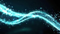 Glowing turquoise wave of magical sparkles and light particles flowing on black background, creating dynamic motion trail effect for abstract designs.