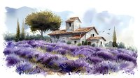Rustic Mediterranean villa surrounded by blooming lavender field and cypress trees, watercolor style artwork with soft brushstrokes and dreamy atmosphere.