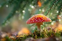 Vibrant red fly agaric mushroom with white spots growing in forest moss under pine branches with magical bokeh background.