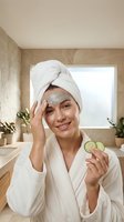 Young woman in white bathrobe with towel on head applying face mask while holding cucumber slices in modern bathroom spa setting for skincare routine.