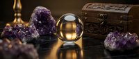 Mystical fortune telling setup with crystal ball, amethyst geodes and ornate wooden chest on dark surface for divination and spiritual practices.