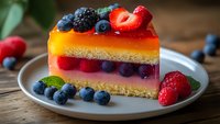 Colorful layered mousse cake slice with fresh berries on top, featuring strawberry, blueberry and blackberry garnish on white plate against rustic wooden background.