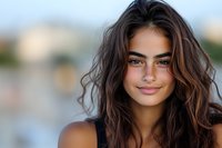Young Mediterranean woman with long dark wavy hair and natural makeup smiling confidently at camera. Soft bokeh background creates professional portrait atmosphere.