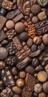 Assorted luxury chocolate pralines, truffles and candies with nuts background. Dark and milk chocolate bonbons collection with various shapes and textures.