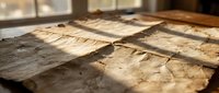 Ancient weathered parchment manuscripts with handwritten text scattered on wooden surface in warm sunlight for historical research and education.