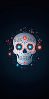 Glowing sugar skull with floral ornaments and swirling patterns on dark background. Decorated with luminous coral and blue flowers, leaves create magical atmosphere.