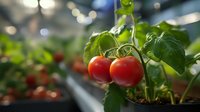 Fresh ripe cherry tomatoes growing on vine with green leaves in modern greenhouse. Organic farming and sustainable agriculture concept.