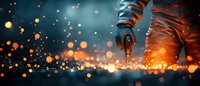 Industrial worker using plasma cutter on metal surface creating bright orange sparks and smoke against dark background, dramatic lighting effect.