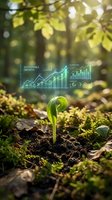Green seedling emerging from soil with holographic sustainable growth charts and data visualization in natural forest environment for eco business concepts.