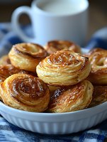 Fresh baked flaky Danish pastries with caramelized sugar glaze served in white ceramic bowl on blue checkered cloth, with coffee cup in background.