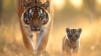 Bengal tiger mother and cub walking through tall golden grass during sunset. Majestic wild cats in natural habitat showing protective parenting behavior.