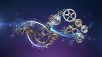 Mechanical gears and cogs floating with glowing light effects and energy streams on dark blue purple gradient background for technology concepts.