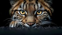 Close-up portrait of wild tiger with intense golden eyes and distinctive orange black striped fur pattern against dark background for wildlife photography.
