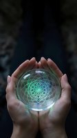 Hands holding glowing crystal ball with sacred geometry mandala pattern inside for spiritual healing meditation and fortune telling practices.