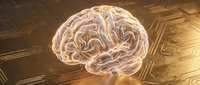 Digital brain with golden circuit patterns representing artificial intelligence and neural networks in futuristic technology concept.