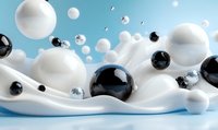 Abstract composition with white and black glossy spheres floating over smooth wavy surface against blue background, creating dynamic contrast and modern minimalist aesthetic.