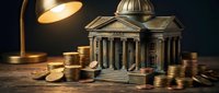 Classical bank building with golden coins stacks on wooden desk under warm lamp light representing financial institution wealth and monetary services.
