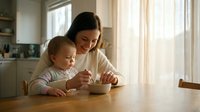 Young woman of Caucasian ethnicity feeding toddler son at wooden table in bright kitchen, bonding moment during mealtime, parenting and family care concept.