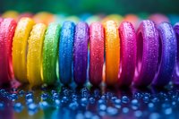 Vibrant rainbow colored macarons lined up in row with water droplets creating sparkly bokeh effect on dark surface. Extreme close up shows detailed texture and colors.