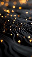 Abstract wavy lines with glowing golden bokeh lights creating magical pattern on dark background, modern technology concept for digital transformation.