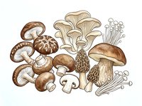 Botanical illustration of various edible mushroom species including button, oyster, and porcini varieties with detailed cross-sections and spore patterns.