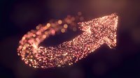 Glowing upward arrow made of golden particles on dark background, symbolizing growth, success, and rising profits for business and financial concepts.