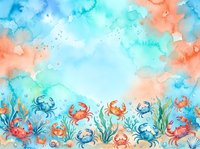 Watercolor ocean scene with colorful crabs and seaweed on sandy bottom, coral and blue tones create dreamy underwater marine life background for summer designs.