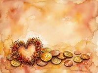 Watercolor autumn heart wreath with golden coins on warm textured background for seasonal greeting cards and fall decorations.