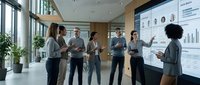Diverse business team collaborating in modern office, woman presenting data on large screen during corporate meeting, teamwork and strategy.
