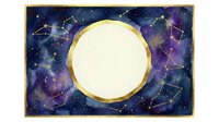 Celestial watercolor frame with golden circle border surrounded by constellation patterns on deep purple and blue starry night sky background for cosmic designs.